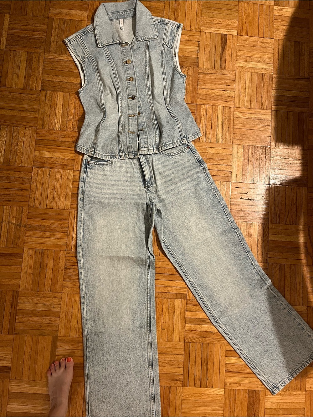 Amisu Light Wash Denim Vest & Wide Leg Jeans Matching Set Y2K
